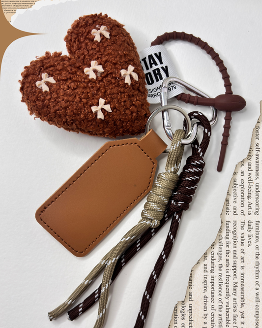 Furry Heart Keychain — Plushie Climbing Rope Butterfly Knot Bag Accessory Miu Style - Coffee Color Love Style