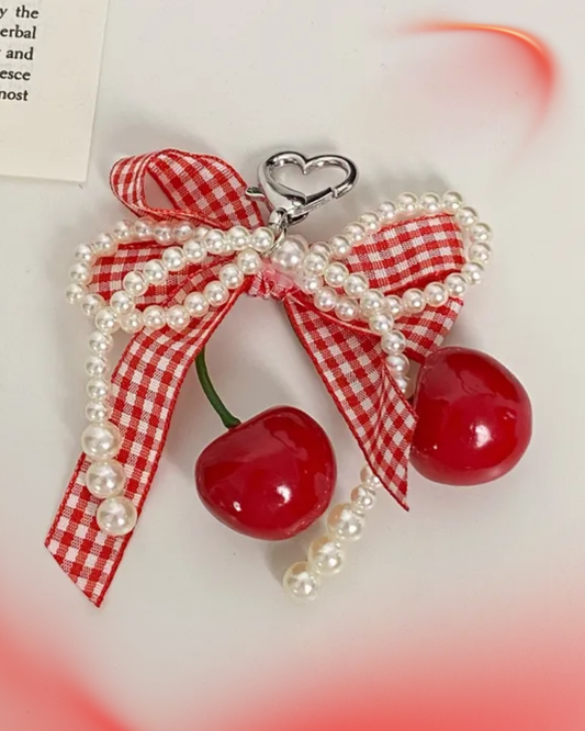Cherry Plaid Butterfly Knot Pearl Lace Strawberry Keychain — Heart / Droplet / Bell Bag Charm