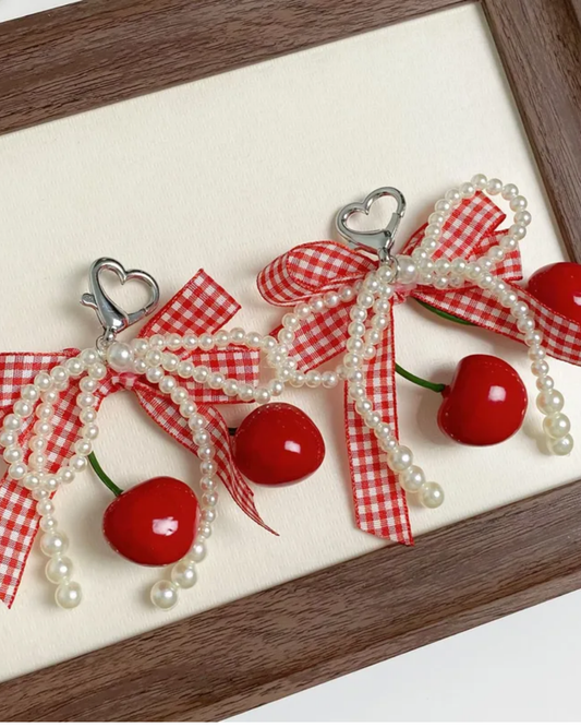 Cherry Plaid Butterfly Knot Pearl Lace Strawberry Keychain — Heart / Droplet / Bell Bag Charm
