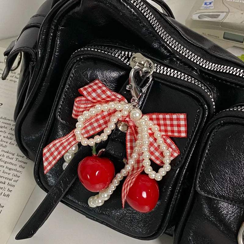 Cherry Plaid Butterfly Knot Pearl Lace Strawberry Keychain — Heart / Droplet / Bell Bag Charm