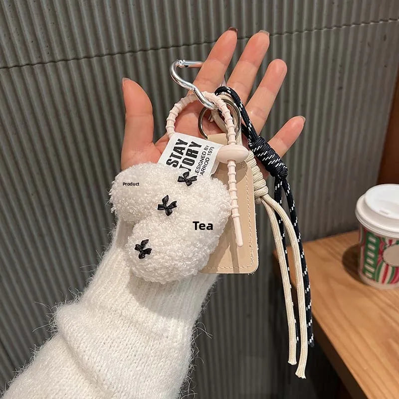Furry Heart Keychain — Plushie Climbing Rope Butterfly Knot Bag Accessory Miu Style - Beige Heart Pattern