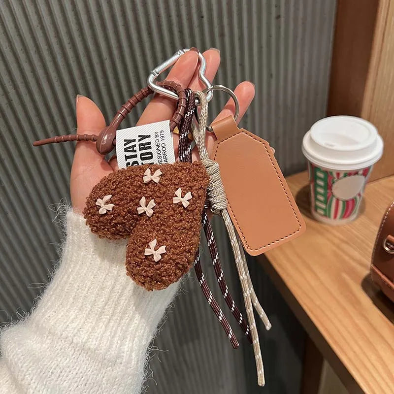 Furry Heart Keychain — Plushie Climbing Rope Butterfly Knot Bag Accessory Miu Style - Coffee Color Love Style